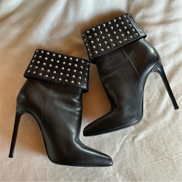 YSL Saint Laurent Black Studded Heeled Boots Size 39 European 4.75 inch Luxury - Picture 1 of 17